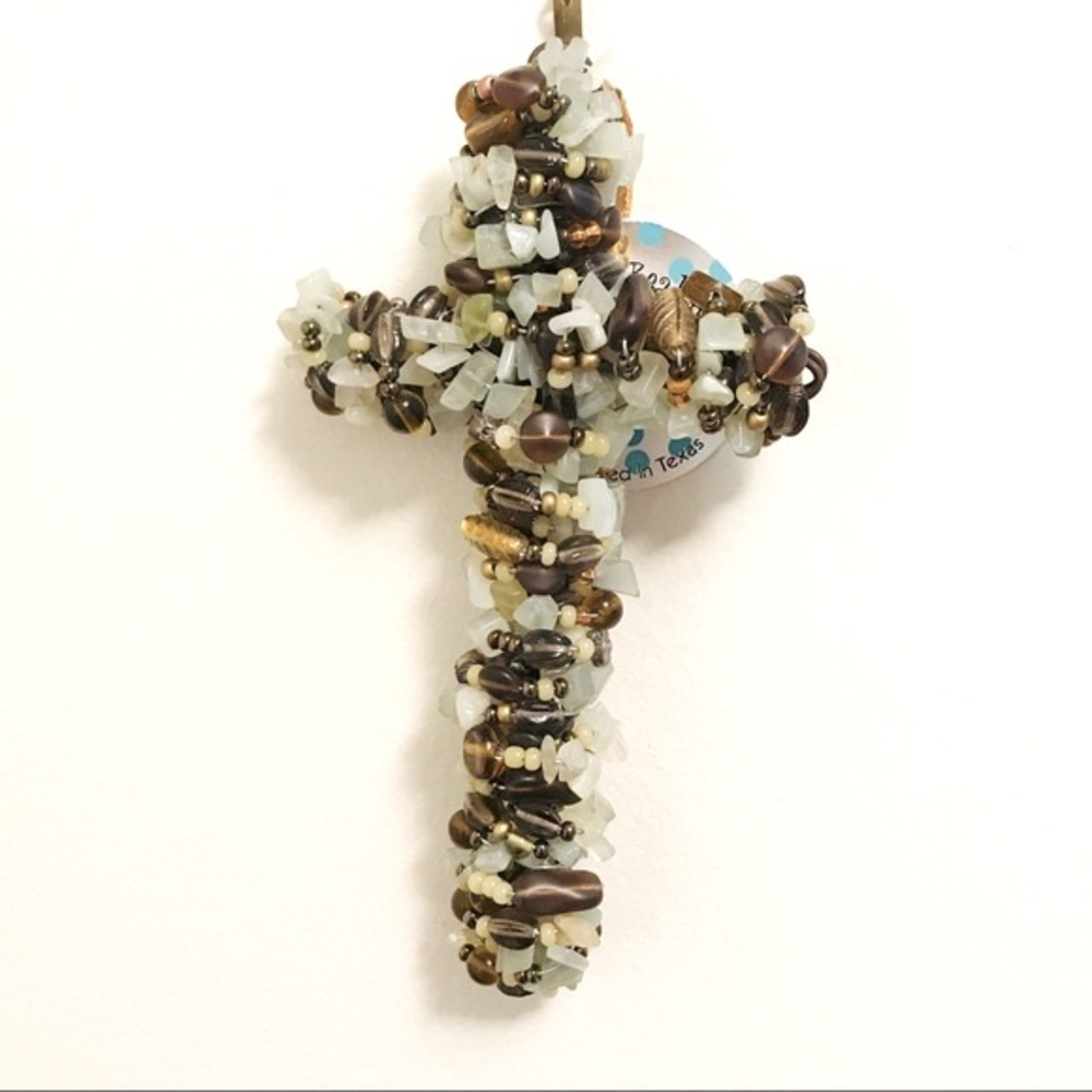 Vintage 90’s Rustic Cross Neutral Multi-colored Beaded & Wired. Wall Art